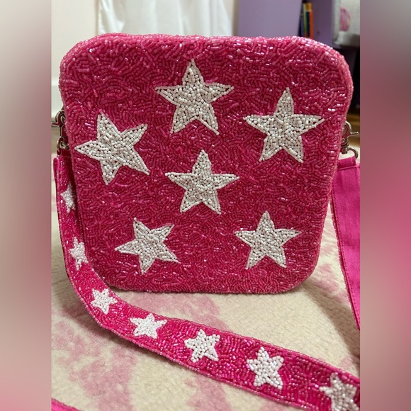 Moyna New York Hand-beaded Star Crossbody Bag Pink & White - Picture 3 of 15